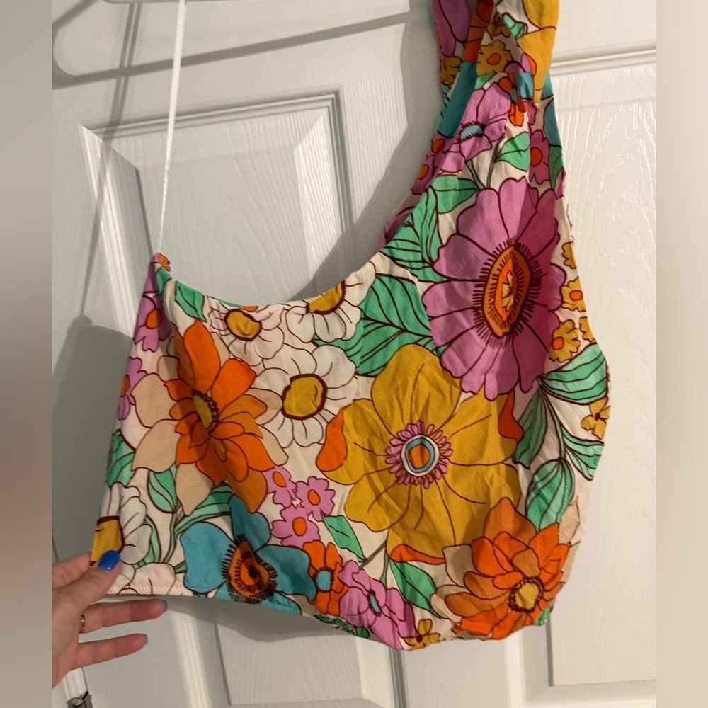 Show Me Your MuMu One-Shoulder Floral Crop Top in Pink, Blue, Green, Orange - Picture 6 of 7